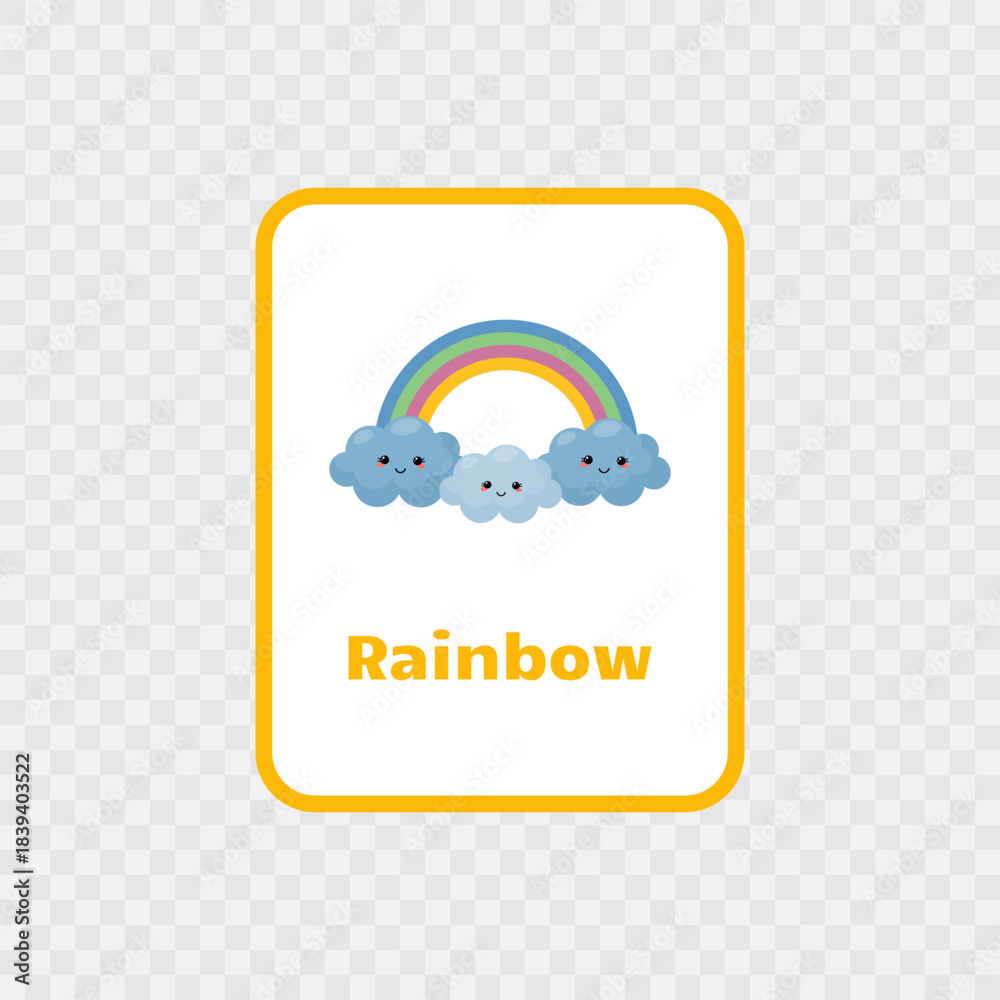 Fototapeta premium Weather flashcard for kids isolated on white background. Rainbow. Educational material for kindergardens and schools. English language game with cute weather sticker. Vector illustration.