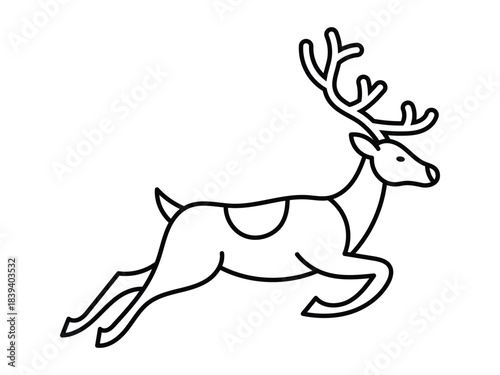 Minimalist line art illustration of a jumping reindeer with antlers and saddle, perfect for christmas, winter holiday, and festive designs Vector