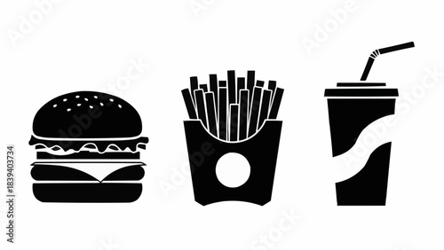 Simple black silhouette icons of a fast food meal combo.