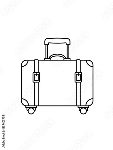 Line art illustration of a wheeled suitcase with an extended handle, featuring two vertical straps with buckles.