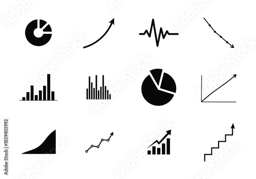 Graph icon set.Including Statistic and data, charts diagrams, money, down or up arrow. Silhouette vector illustration