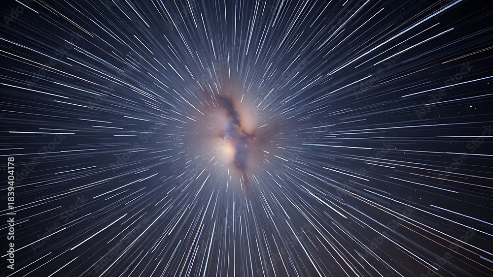 Obraz premium Star trails converging into a radiant point, piercing through the Milky Way in long exposure.