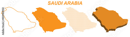 Saudi Arabia Map Vector Set, Middle East Outline Silhouette Dotted 3D Solid Shapes, Saudi Arabia Country Infographic Template, Editable EPS Saudi Arabia Geography
