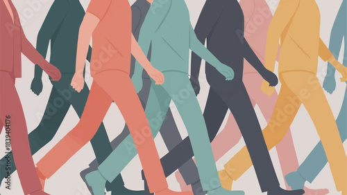 Colorful figures walking in a line representing diversity and unity.
