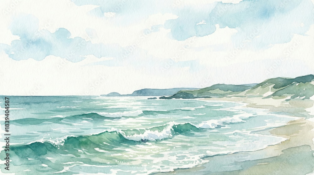 Fototapeta premium Serene Watercolor Coastal Landscape with Gentle Ocean Waves and Sandy Shoreline