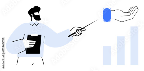 Business presentation concept. A person pointing to key visual elements including graphs and hand symbols for business growth. Business presentations, data analysis, growth strategy, leadership
