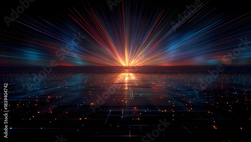 Colorful laser rays burst, explosion flare in space. Dynamic, high speed light trails in a variety of colors against a dark background. Energy light steaks, burst of light with motion blur effects.