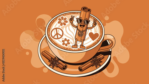 A whimsical coffee illustration with a tiny figure and cinnamon sticks