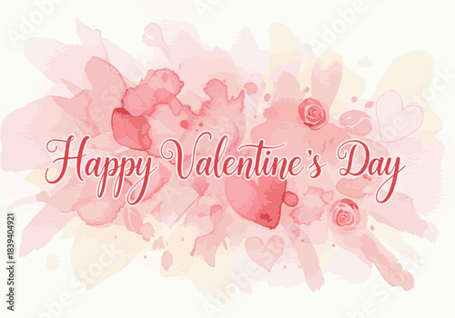 Happy Valentine's Day watercolor illustration with hearts and soft pink and yellow hues, perfect for romantic greetings and celebrations