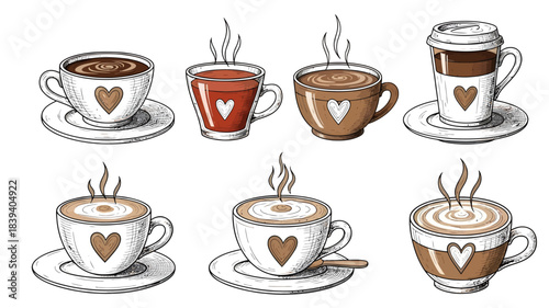 Watercolor style illustration of various hot beverages in decorative cups and saucers