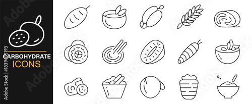 Organic food icon set depicting natural starch sources for diet, meal planning, and education
