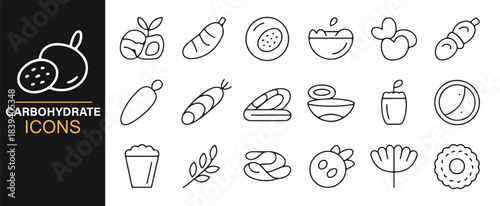 Food and nutrition icon bundle showcasing healthy carbohydrate sources in modern outline style