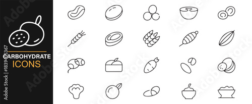 Vector line illustrations of carb foods including corn, potatoes, wheat, legumes, and cereals