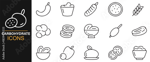 Clean outline collection of carb-rich foods such as rice, oats, beans, bread, and root vegetables