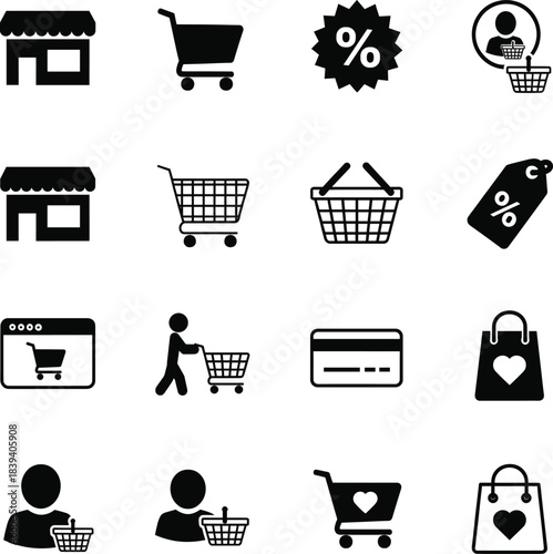 E-commerce shopping vector icons with carts, baskets, stores, discount labels, payment symbols, customers and online buying elements