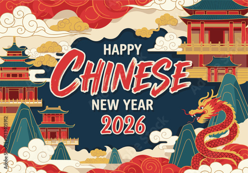 Happy Chinese New Year 2026 Greeting Card with Dragon and Traditional Architecture