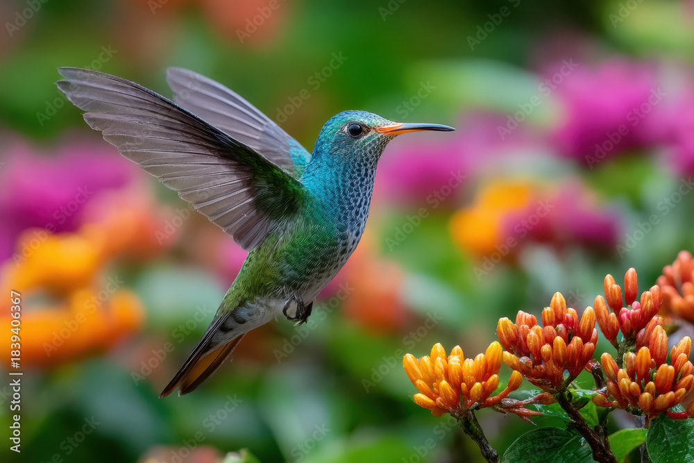 Naklejka premium Vibrant Hummingbird in Flight Near Colorful Blossoms Garden Scene