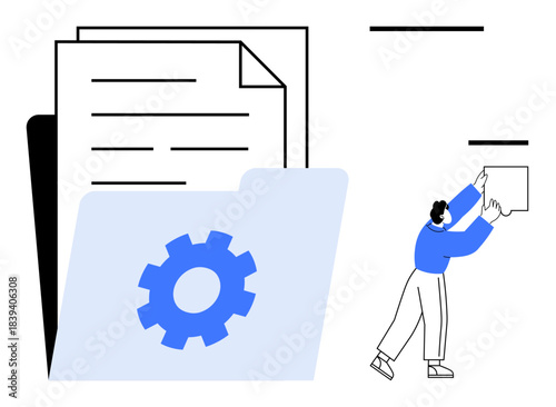 Document management concept. Document organization with a gear symbol system processes and workflow. Document management for business, data systems, teamwork, automation processes, office tasks