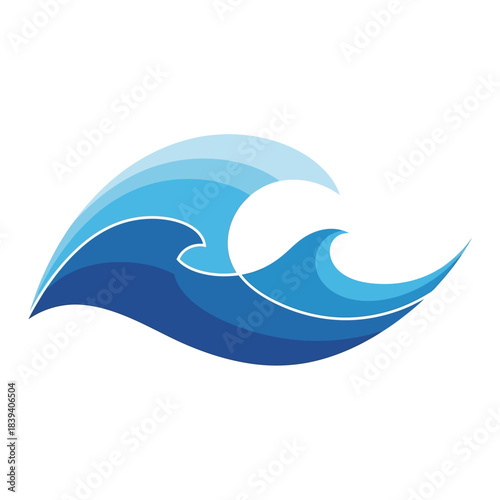 Stylized blue ocean wave graphic with gradient shades and white outline, dynamic flowing water symbol.