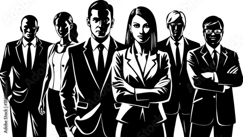 Group of serious business professionals standing together in strong black and white graphic style
