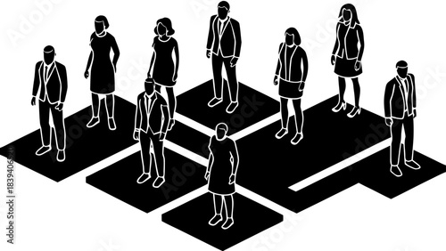 Isometric black and white icons depict a diverse group of professionals standing on connected geometric platforms representing teamwork