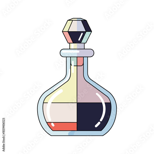 Vibrant cartoon potion bottle with faceted gem stopper and four-color segmented liquid.