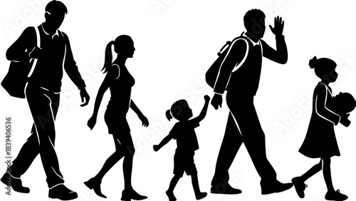 Silhouette of a diverse family group walking together carrying bags symbolizing travel migration or journey