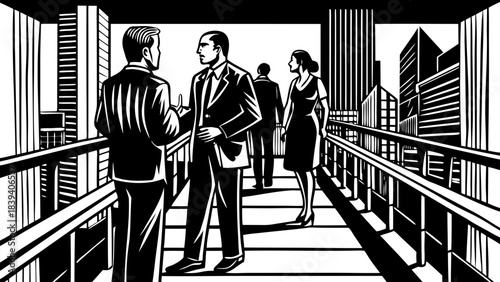 Business professionals converse on a highrise balcony overlooking a dramatic black and white cityscape at night