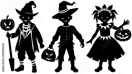 Three children in classic halloween costumes trick or treating with carved jack o lanterns silhouettes