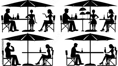 Collection of black silhouette couples and singles enjoying drinks outdoors under cafe umbrellas in summer