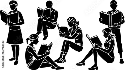 Diverse group of people silhouettes engrossed in reading books in various casual positions