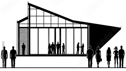 Architectural elevation silhouette showing modern building facade with diverse people interacting inside and outside
