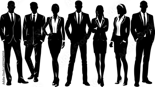 Silhouettes of diverse business professionals standing together in formal suits representing corporate teamwork and success
