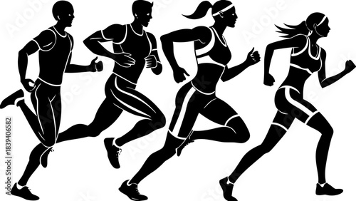 Group of four athletes running in silhouette representing competitive track and field marathon or fitness training