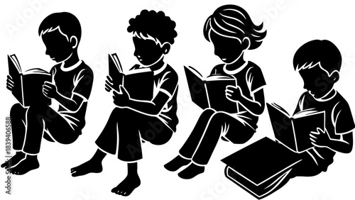 Four diverse children silhouettes absorbed in reading books together symbolizing literacy and childhood education development
