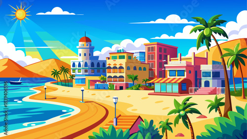 Bright sunny day with a clear blue sky over the iconic Venice Beach in Los Angeles, capturing its vibrant coastline, sandy shore, and relaxed California atmosphere