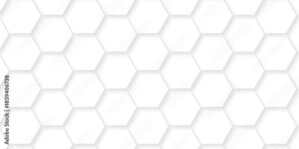 Fototapeta premium Abstract emboss paper hexagon geometric creative mosaic. white hexagon technology. vector grid honeycomb soccer hexagonal cell structure tile mess. texture emboss bee background.