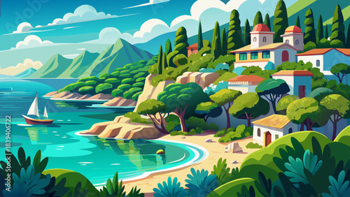 Summer in Greece with a crystal-clear turquoise sea surrounded by lush green pine trees, creating a refreshing and idyllic Mediterranean coastal scene