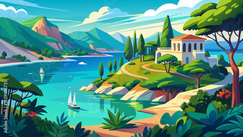 A serene Greek summer view featuring vibrant turquoise waters and pine-covered hills, showcasing the natural beauty and calm atmosphere of the Mediterranean