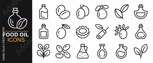 Clean outline collection of food oil symbols featuring plants, nuts, flasks, and natural extracts