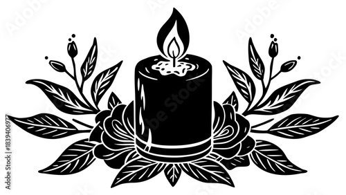 Stylized black and white vector graphic featuring a burning pillar candle centered among detailed floral elements and leaves creating a decorative emblem perfect for spiritual or memorial designs