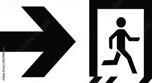 Emergency exit sign with bold right-pointing arrow and running person icon indicating direction toward the exit door