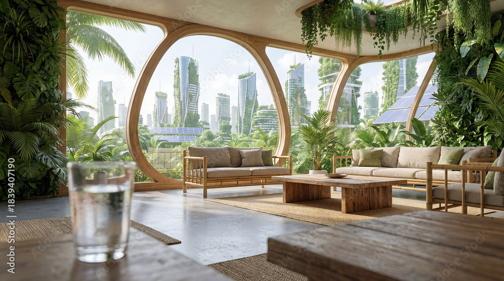 Fototapeta premium Futuristic Solarpunk Interior Design with Panoramic Nature Views and Organic Bamboo Furniture, Biophilic Living Concept