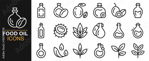 Line-art icon set of natural food oils including seeds, nuts, plants, and extraction bottles