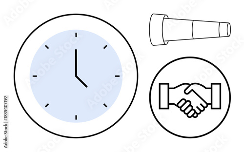 Time management concept. Clock, handshake, and telescope time planning, agreement, and vision for achieving goals. Time management for workplace, strategy, teamwork business growth inspiration