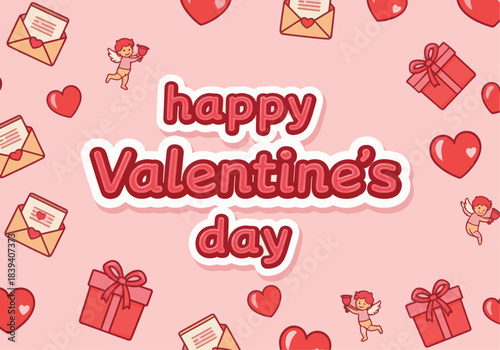 Happy Valentine's Day card with hearts, gifts, and love letters on a pink background
