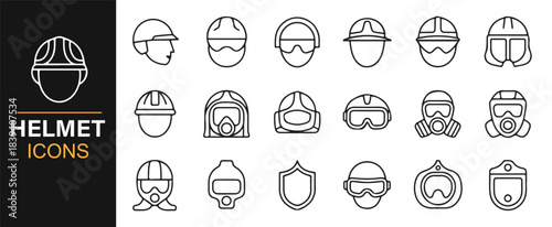 Modern line-style icons of protective equipment including helmets, goggles, masks, and visors