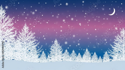 Winter's Whisper: A tranquil winter scene unfolds as snowflakes gently dance against a backdrop of frosted trees, embraced by a twilight sky and a solitary crescent moon. 