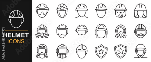Industrial helmet icon pack featuring head protection, goggles, masks, and hazard gear