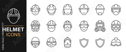 Clean outline collection of workplace safety helmets, masks, shields, and protective gear
